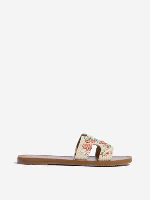 LUNA BLU Ivory Floral Embroidered Artisanal Slides