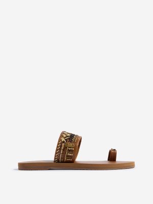 LUNA BLU Brown Embellished Toe-Ring Sandals