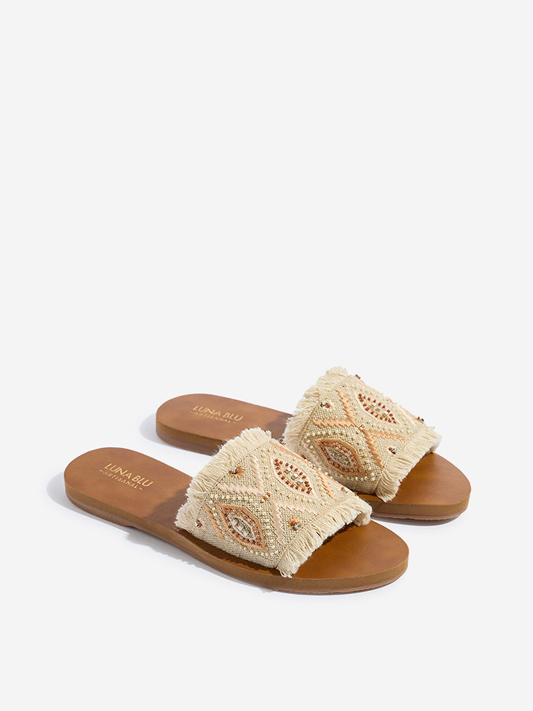 LUNA BLU Beige Fringe-Detailed Artisanal Slides - Image 2