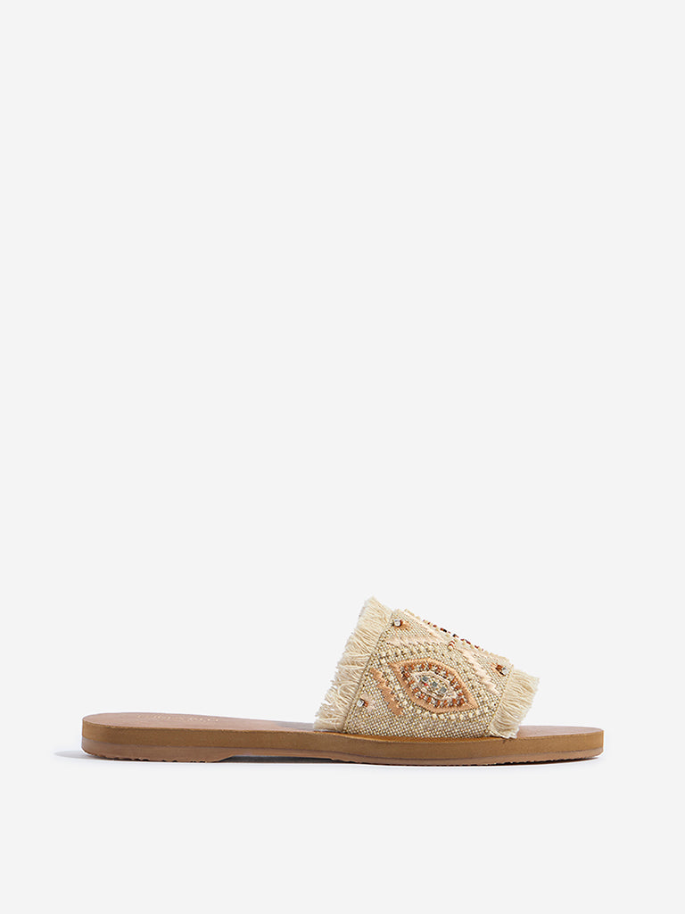 LUNA BLU Beige Fringe-Detailed Artisanal Slides