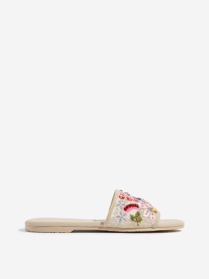 LUNA BLU Ivory Floral Embellished Slides