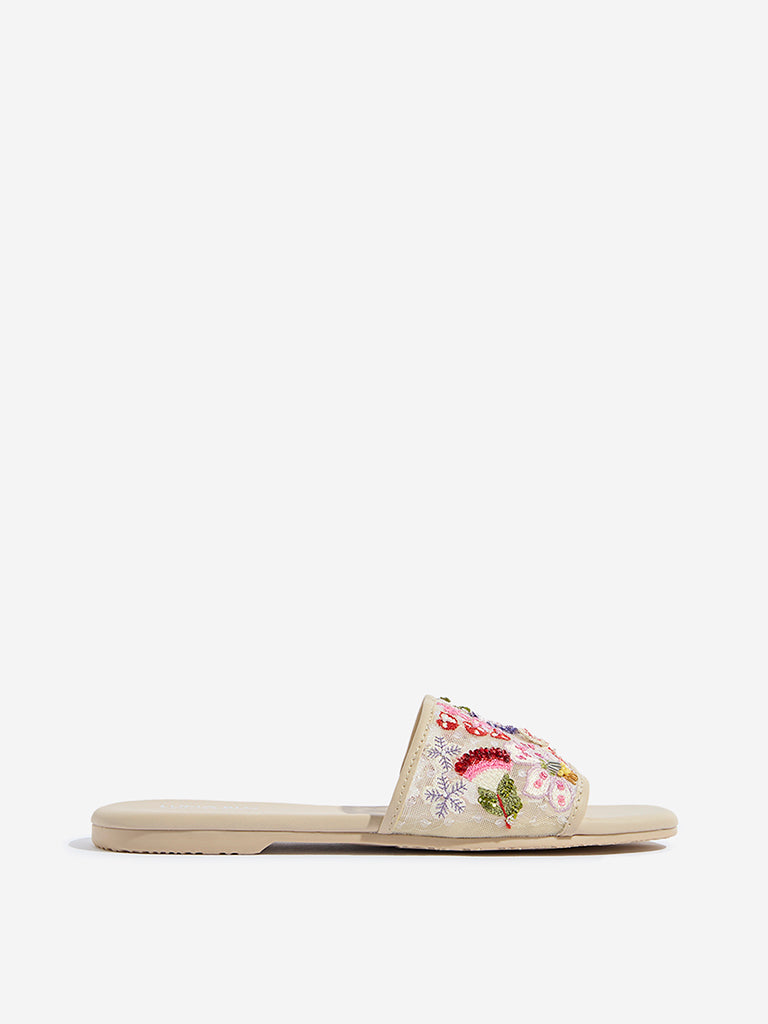 LUNA BLU Ivory Floral Embellished Slides