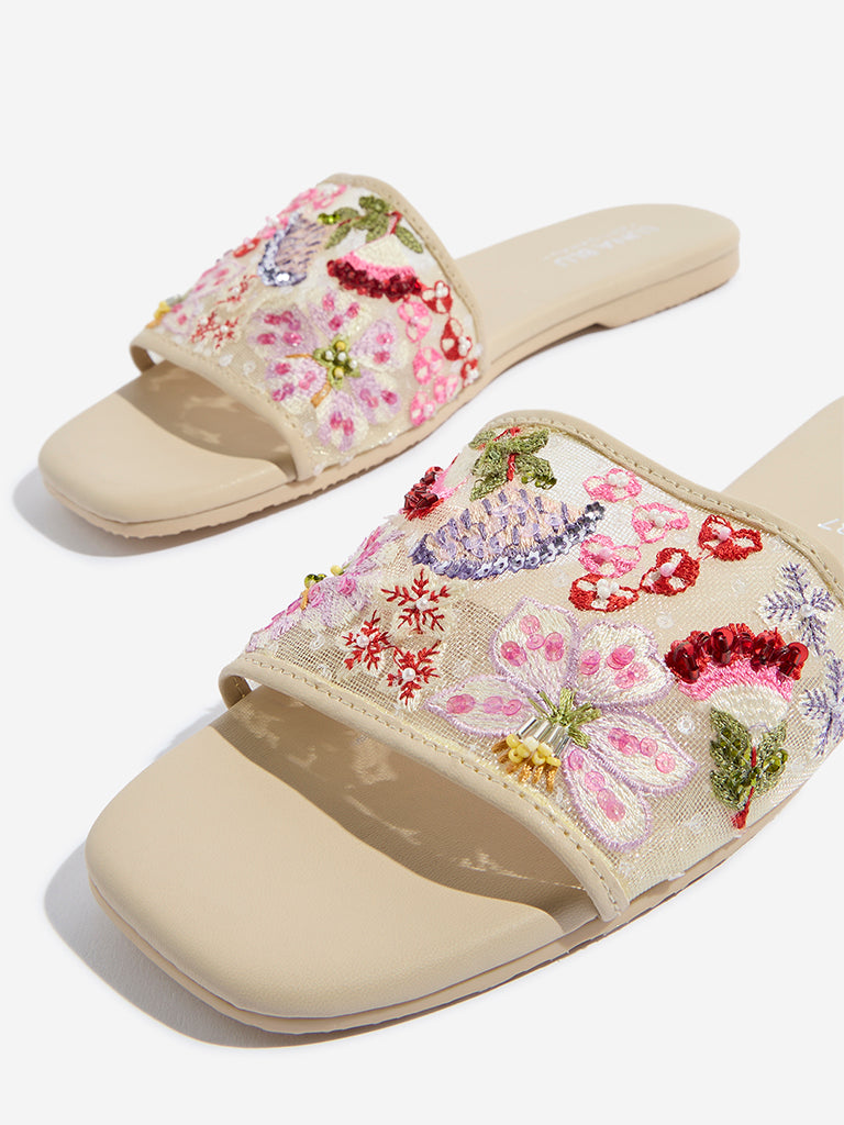 LUNA BLU Ivory Floral Embellished Slides - Image 3