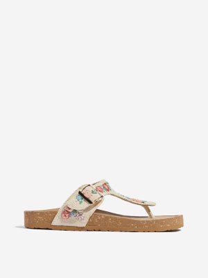 LUNA BLU Ivory Floral Embroidered Thong-Strap Sandals