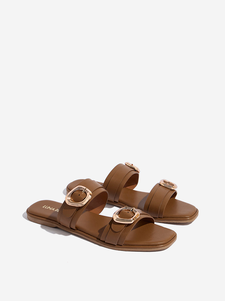 LUNA BLU Tan Dual-Strap Slip-On Sandals - Image 2