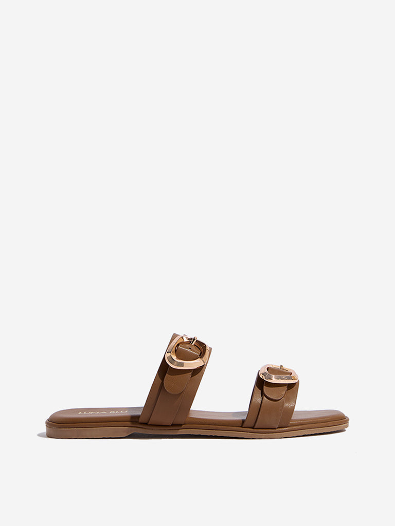 LUNA BLU Tan Dual-Strap Slip-On Sandals
