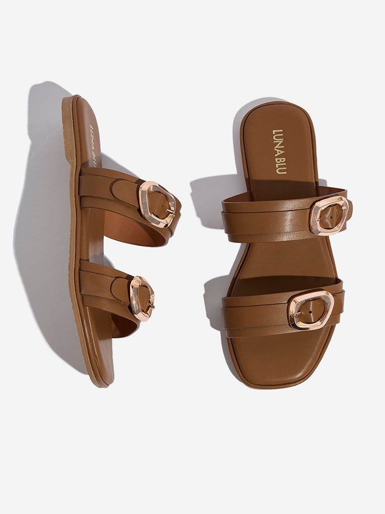 LUNA BLU Tan Dual-Strap Slip-On Sandals - Image 3