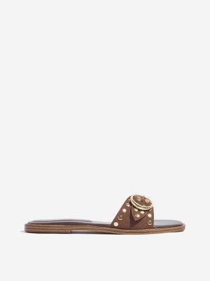 LUNA BLU Brown Stud-Detailed Buckled Slides