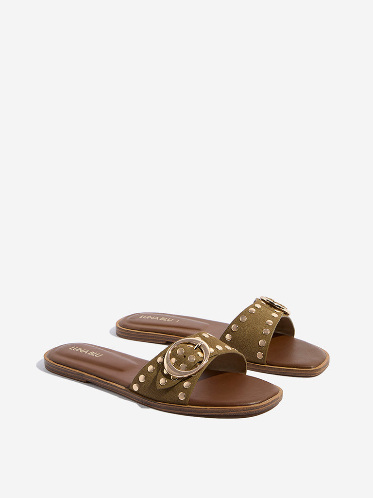 LUNA BLU Olive Stud-Detailed Buckled Slides - Image 2