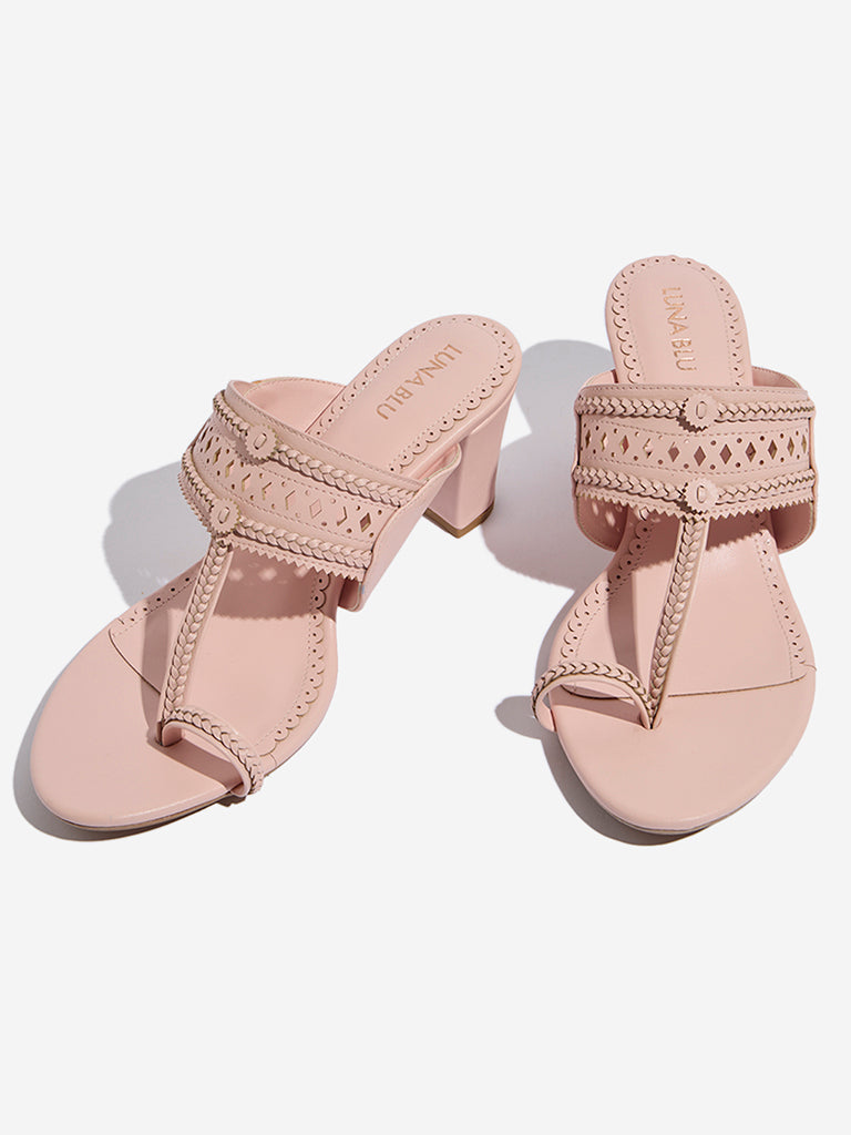 LUNA BLU Light Pink Kolhapuri Block-Heel Sandals - Image 3