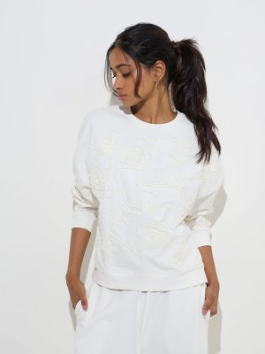 LOV White Floral Embroidered Cotton Sweatshirt