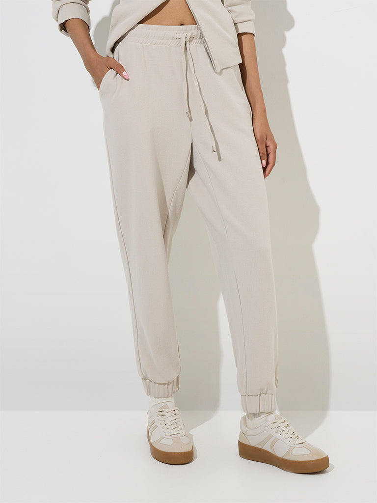 LOV Beige Solid High-Rise Joggers - Image 3