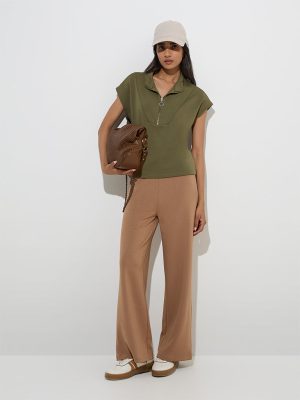 LOV Brown Solid High-Rise Trousers