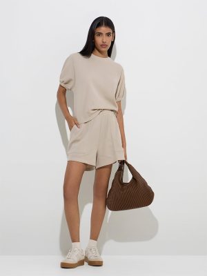 LOV Beige Waffle-Textured High-Rise Shorts
