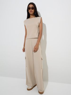 LOV Beige Cargo-Style High-Rise Cotton-Blend Pants