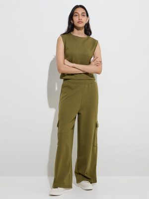LOV Olive Cargo-Style Mid-Rise Cotton-Blend Track Pants