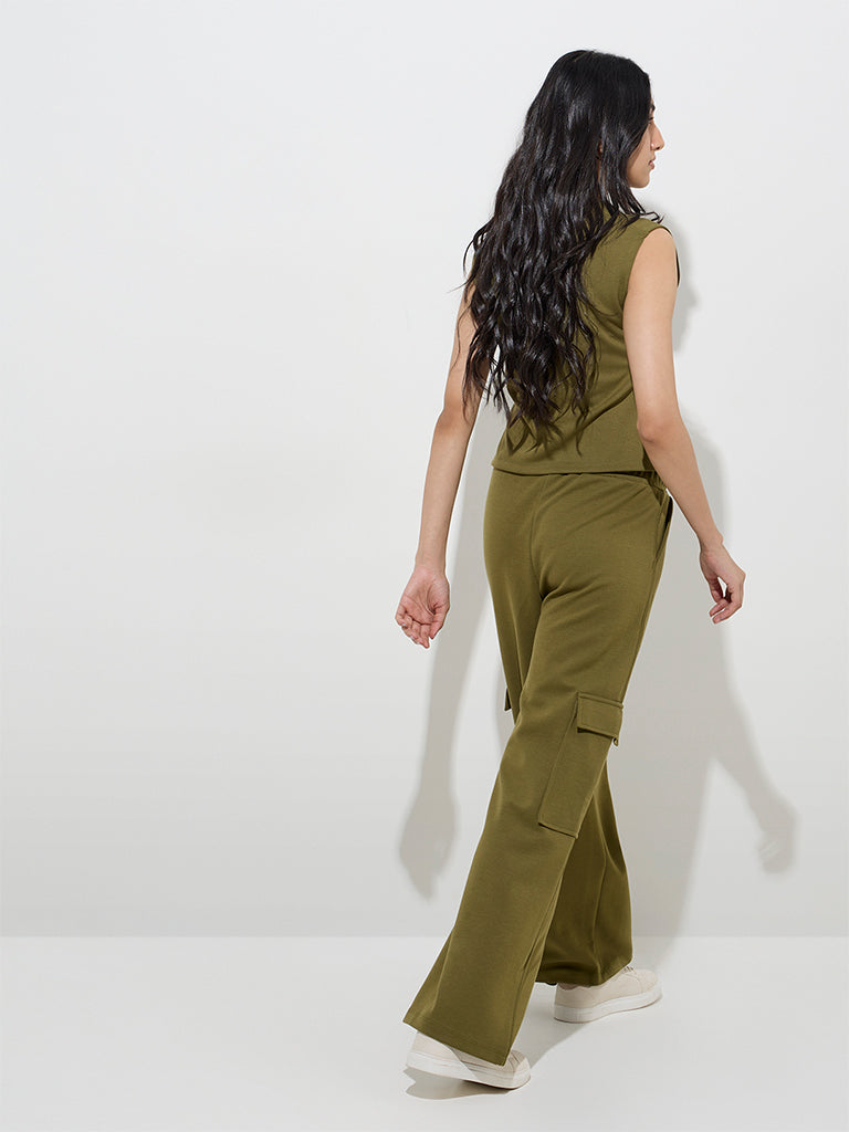 LOV Olive Cargo-Style Mid-Rise Cotton-Blend Track Pants - Image 4