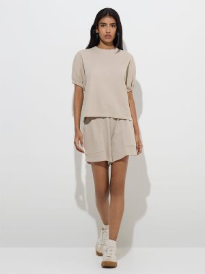 LOV Beige Waffle-Textured Top
