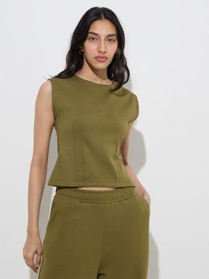 LOV Olive Solid Cotton-Blend Top