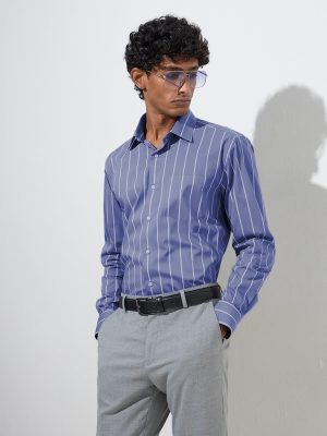 WES Formals Blue Striped Slim-Fit Cotton-Blend Shirt
