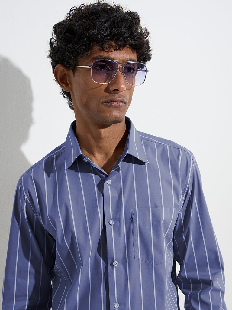 WES Formals Blue Striped Slim-Fit Cotton-Blend Shirt - Image 3