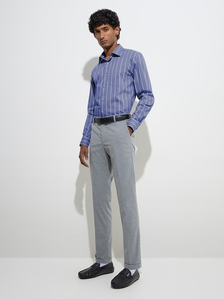 WES Formals Blue Striped Slim-Fit Cotton-Blend Shirt - Image 4