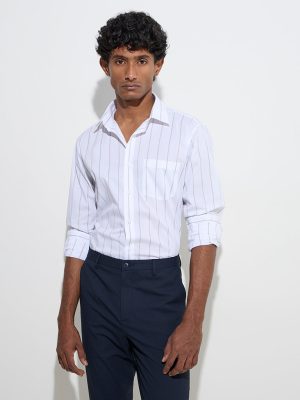 WES Formals White Striped Slim-Fit Cotton-Blend Shirt
