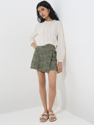 Bombay Paisley Olive Embroidered High-Rise Cotton Skorts