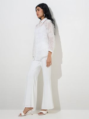 Vark White Floral Lace Design Shirt with Camisole Set