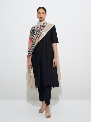 Vark Black Kurta with Ethnic Pants and Chevron Dupatta Set