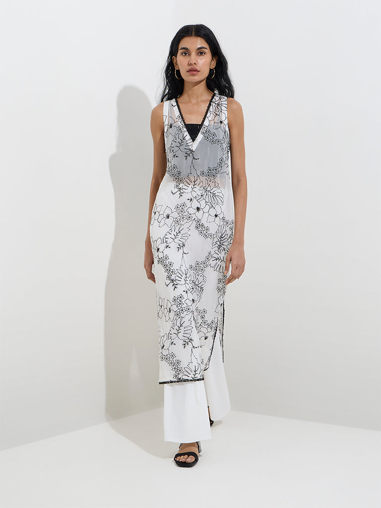Vark White Floral Embroidered A-Line Kurta