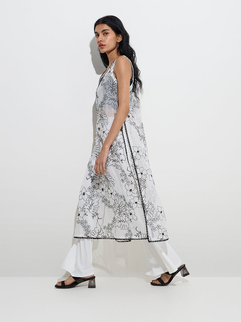 Vark White Floral Embroidered A-Line Kurta - Image 3