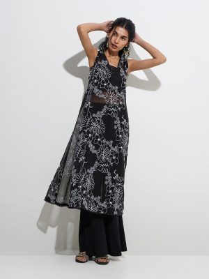 Vark Black Floral Embroidered Mesh A-Line Kurta