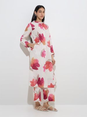 Utsa White Floral Printed A-Line Kurta