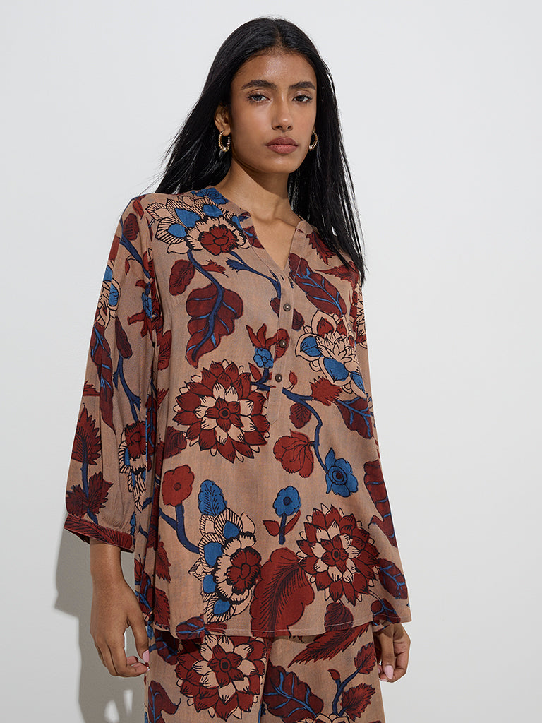 Utsa Beige Floral Printed Tunic - Image 3