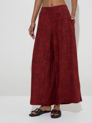 Utsa Maroon Floral Printed High-Rise Palazzos