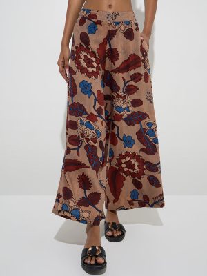 Utsa Beige Floral Printed High-Rise Palazzos