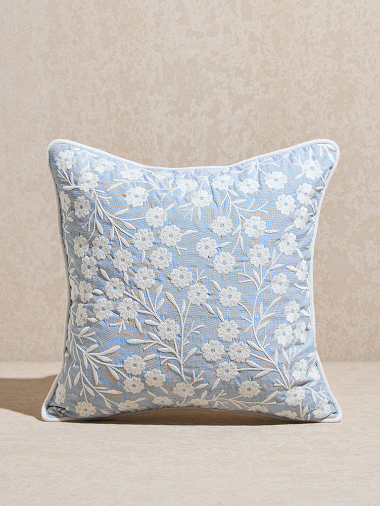 Westside Home Dusty Blue Floral Embroidered Cushion Cover