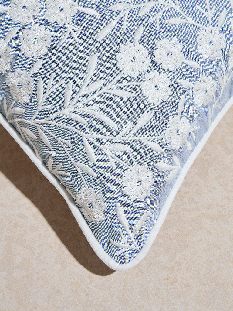 Westside Home Dusty Blue Floral Embroidered Cushion Cover - Image 3