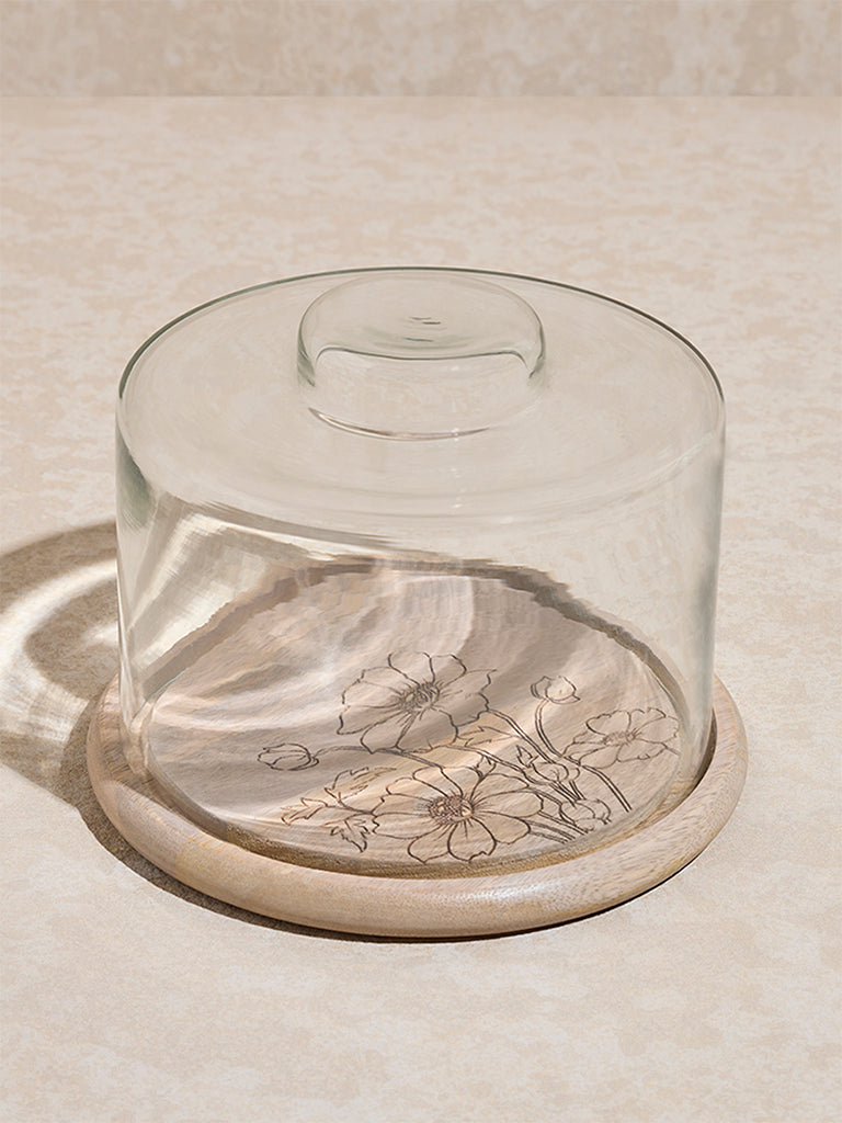 Westside Home Beige Floral Etched Base with Glass Cloche - Image 2