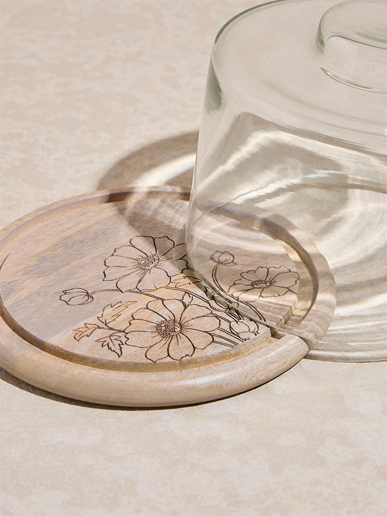 Westside Home Beige Floral Etched Base with Glass Cloche - Image 3