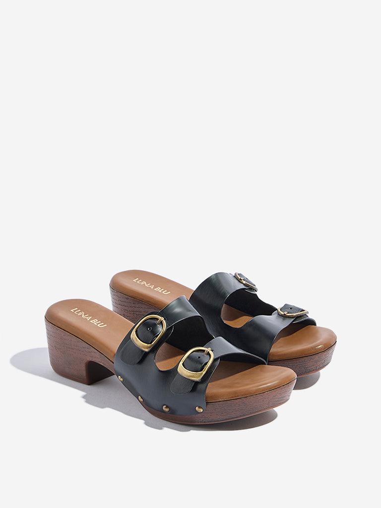 LUNA BLU Black Dual-Buckle Strap Block Sandals - Image 2