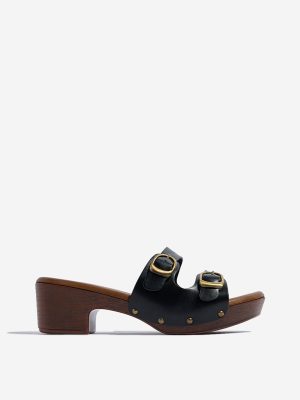 LUNA BLU Black Dual-Buckle Strap Block Sandals