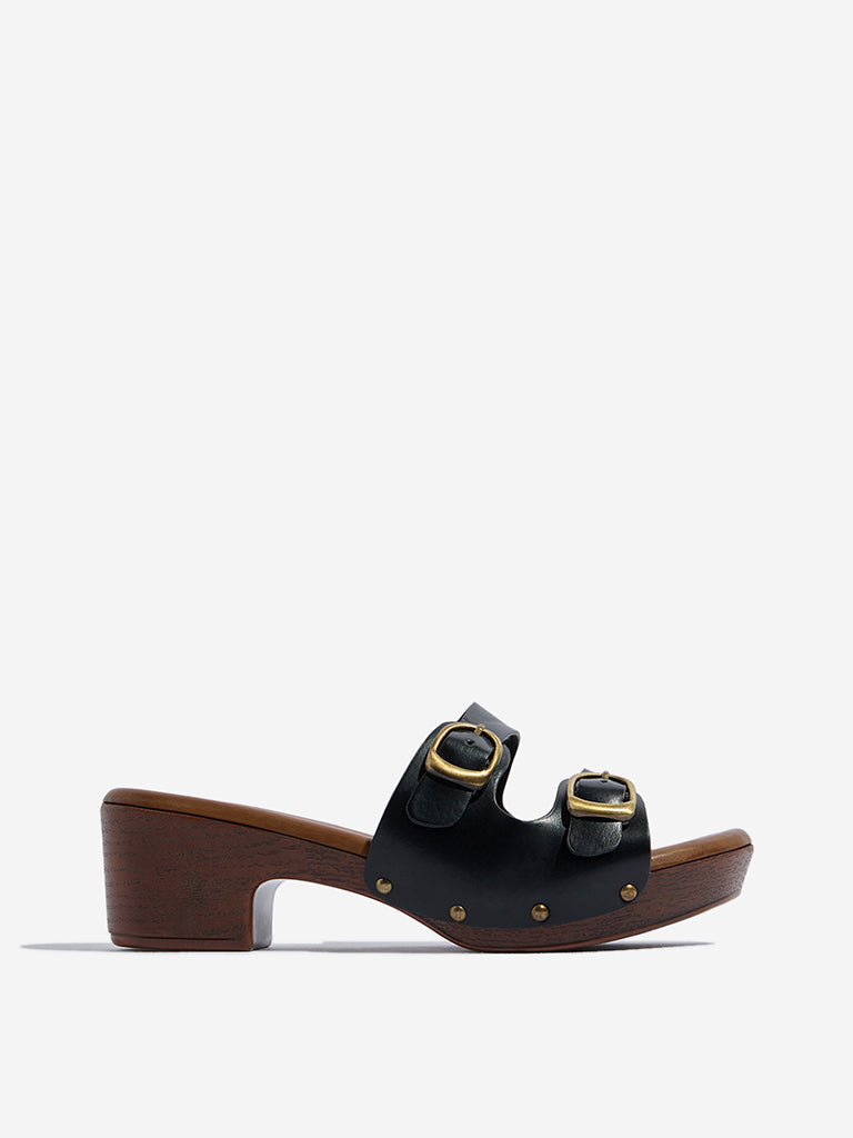 LUNA BLU Black Dual-Buckle Strap Block Sandals