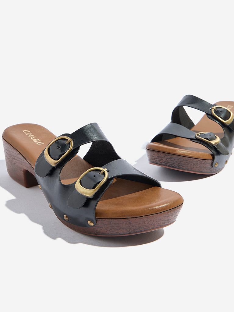 LUNA BLU Black Dual-Buckle Strap Block Sandals - Image 3