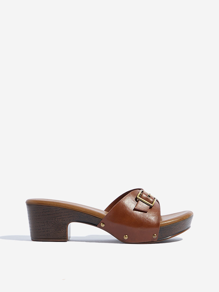 LUNA BLU Tan Buckle-Detailed Block Heel Sandals