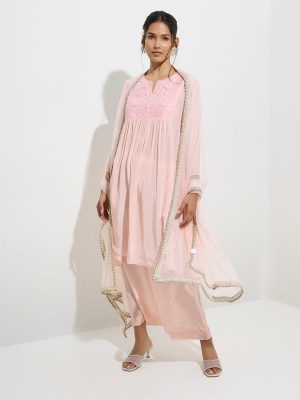 Vark Pink Floral Embroidered A-Line Kurta. Pants and Dupatta Set