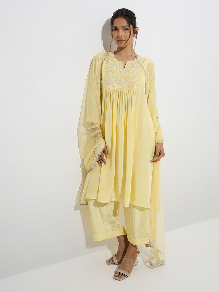 Vark Yellow Floral Embroidered A-Line Kurta. Pants and Dupatta Set