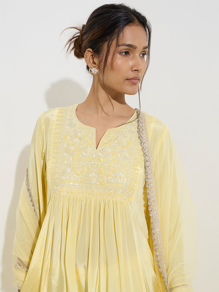 Vark Yellow Floral Embroidered A-Line Kurta. Pants and Dupatta Set - Image 2