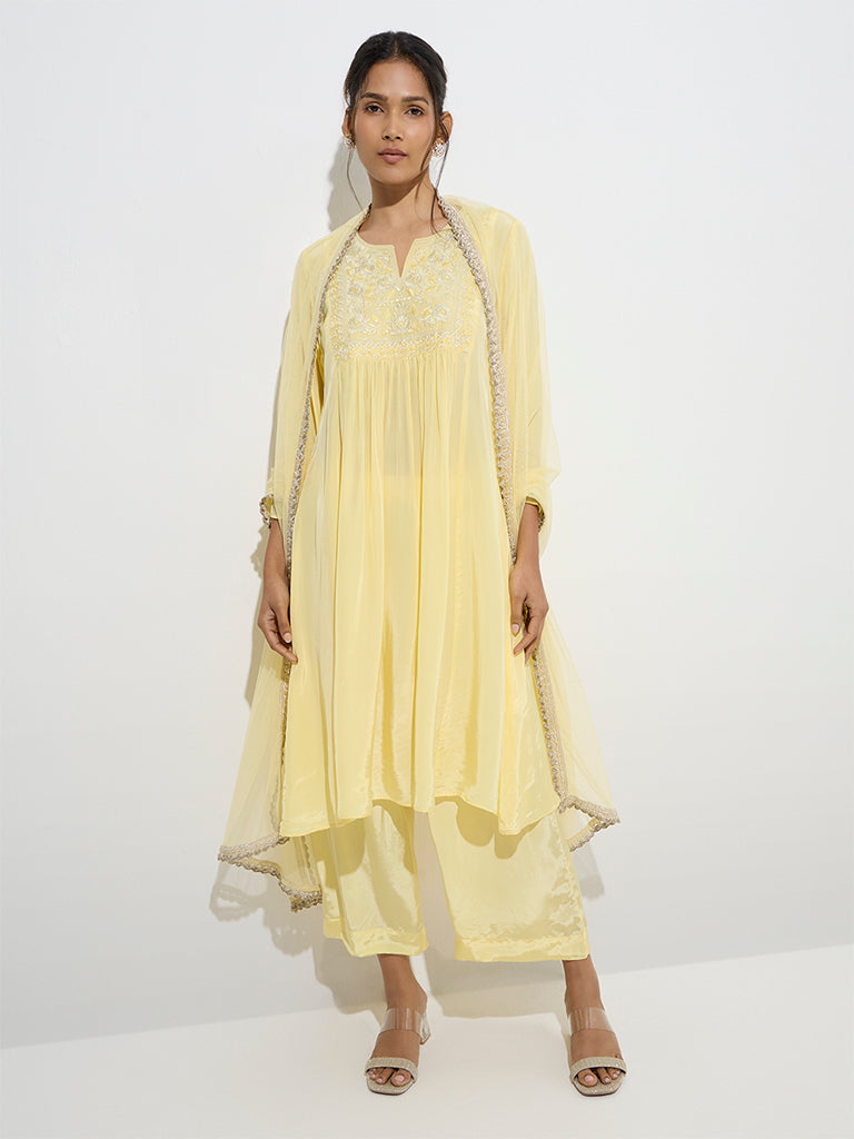 Vark Yellow Floral Embroidered A-Line Kurta. Pants and Dupatta Set - Image 3